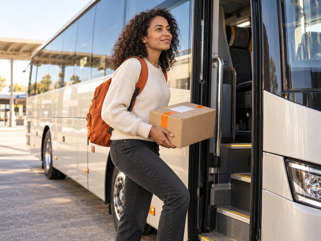 A traveler boarding a coach bus carrying a parcel