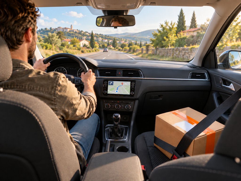 A traveler driving with a parcel on the passenger seat and GPS navigation on the dashboard